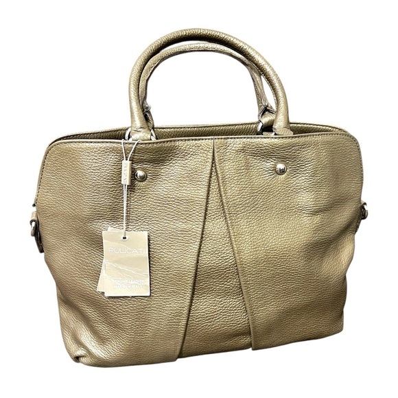 PULICATI Italian Leather Hand Bag Crossbody Champagne Gold & Black NWT - Picture 11 of 12
